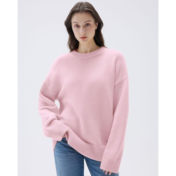 Women Cashmere Blend Oversized Crew Neck Powder Pink Soft Warm Pullover Sweater - Picture 4 of 5
